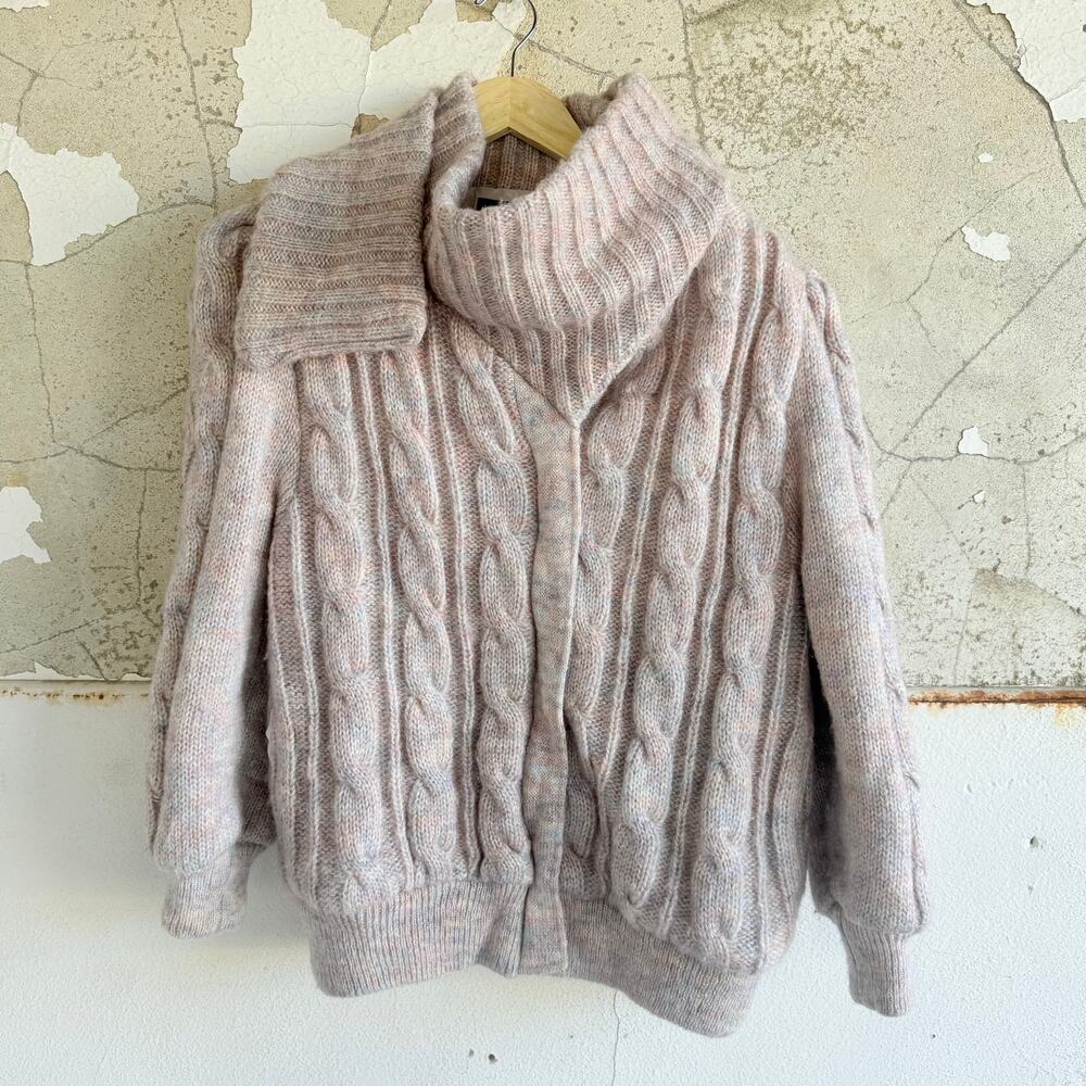 Vtg Cable Knit Sweater Jacket Attached Scarf Shawl Collar Pink Bomber Womens M